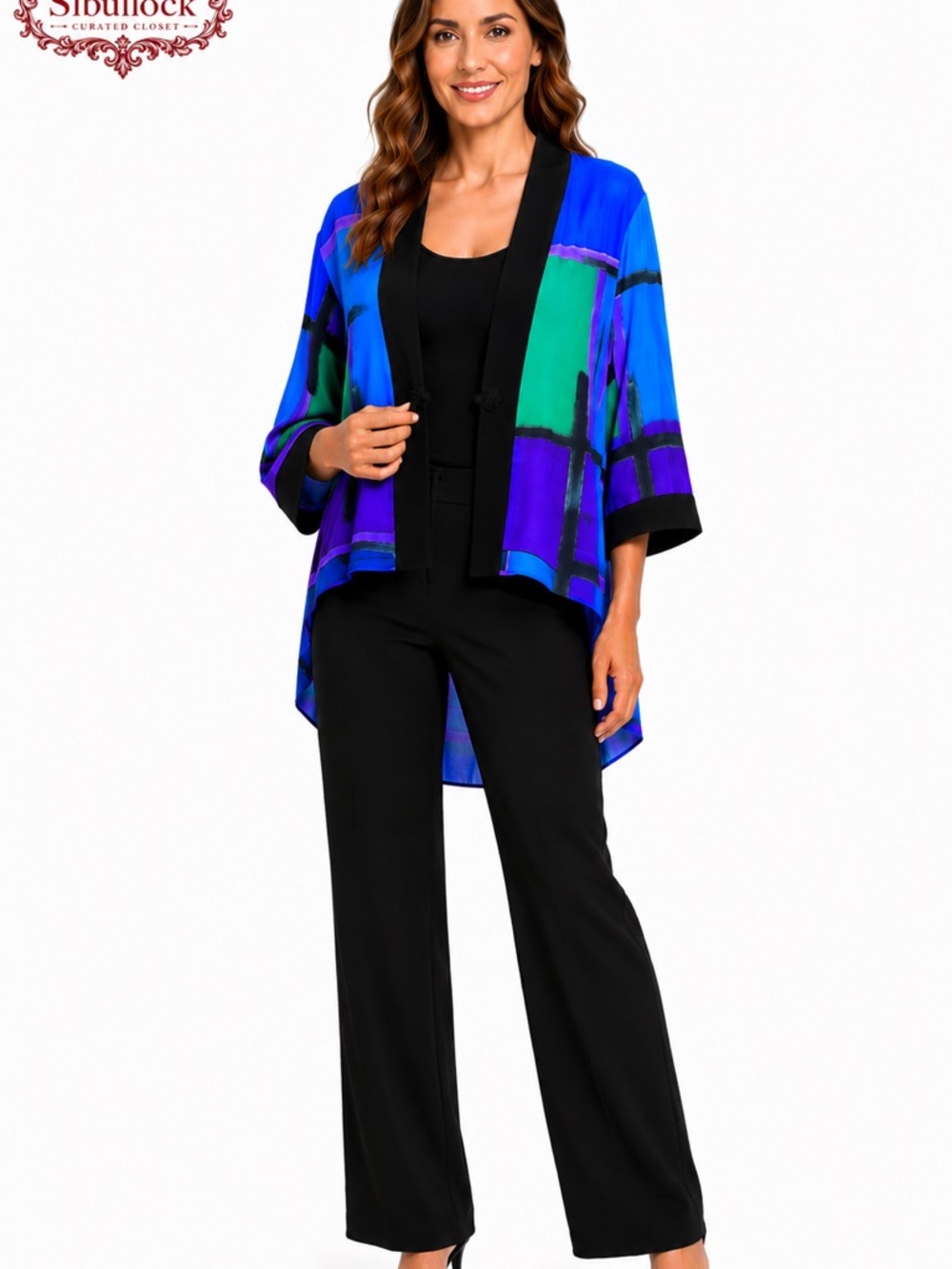 K1 Draper’s & Damon’s 100% Silk Kimono Top XL High-Low One-Button Blue Green